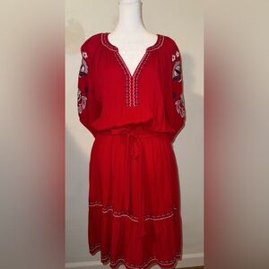 Kate and Sam NWT Size Medium Embroidered Red Short Sleeve Peasant Dress Top